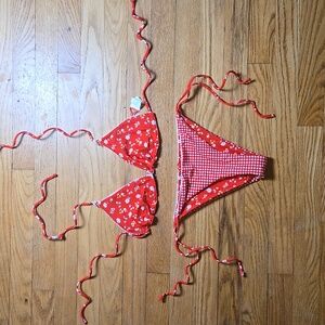 Ron Jon Surf Shop red gingham floral print reversible teeny cheeky bikini